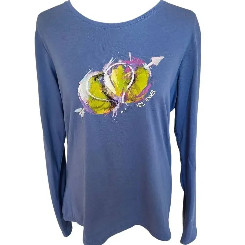 Nike Womens Dri Fit Long Sleeve Tennis Ball Graphic Tee Shirt Size Large
